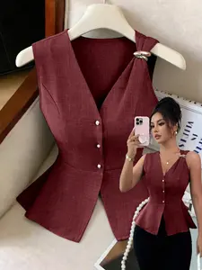 New Summer Simple Elegant Fashion Metal Button Design Waist Cinch Slim V Neck Versatile Women's Sleeveless Shirt