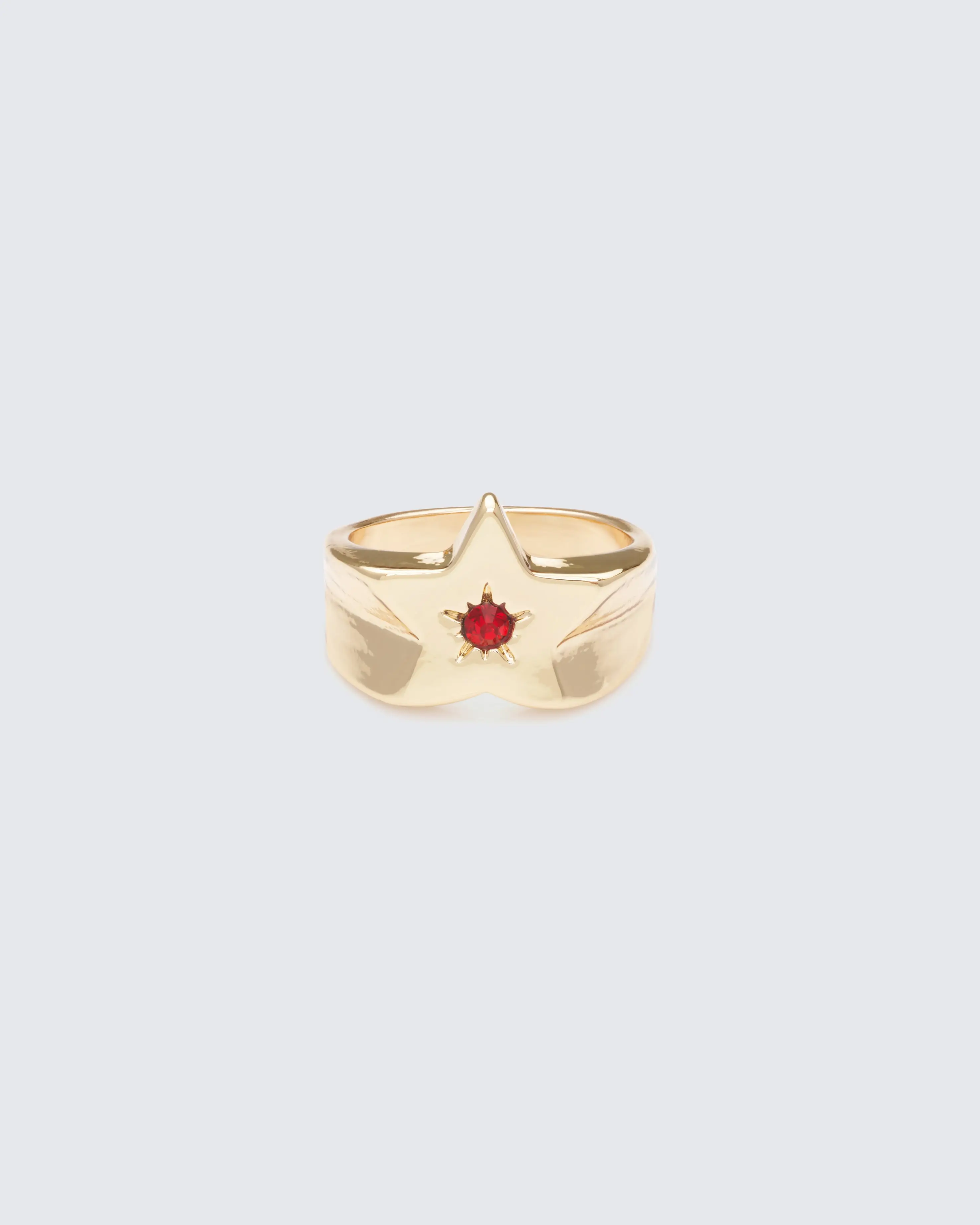 Gold-Tone Starburst Ring with Red Gemstone Center, Adjustable Wide Band Cocktail Ring, Stackable Design, Stackable Rings
