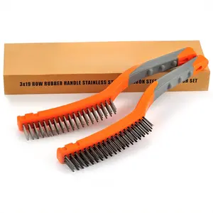 Wire Brushes, Stainless Steel Wire Brush and Carbon Steel Bristles Brush Set, Heavy Duty Wire Brushes for Cleaning Rust, Concrete, Wielding,  Removal, 14" Long Plastic Handle, Large,2 Pcs