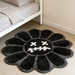 Sunflower Round Carpet, Modern Minimalist Style Rug, Trippy Happy Face Rug Cool Rugs Floral Shaped Rug Floral Area Rug Tufted Quick Dry Bath Mats, Creative Anime Cartoon Printing for Home and Bedroom Bathroom Decor