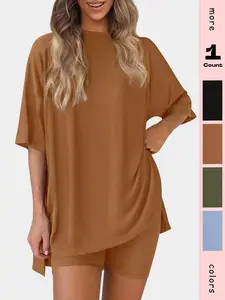 Women's Solid Color Tee & Shorts Loungewear, Casual Comfy Round Neck T-Shirt & Shorts PJ Set, Ladies Sleepwear for Summer, Pajama