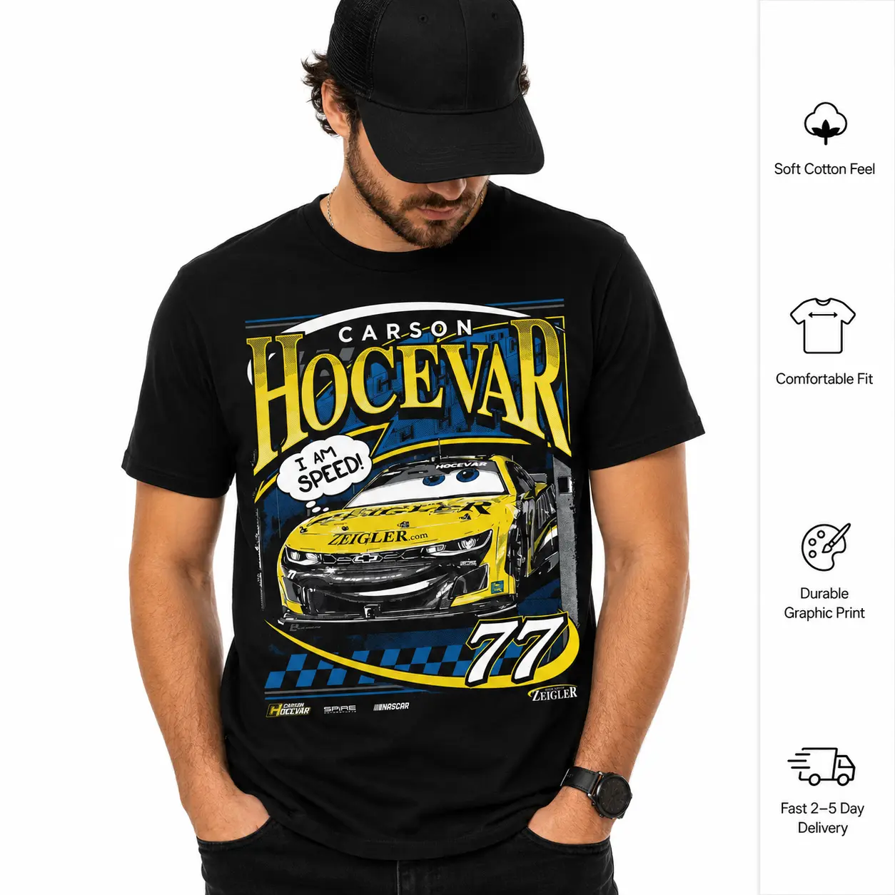Hocevar #77 I Am Speed Racing T-Shirt, Yellow Stock Car Graphic Tee, Driver-Inspired Motorsport Shirt for Race Day Fans & Car Lovers | Menswear & Underwear - Men's Tops - T-shirts - Men's Short-sleeve T-shirts