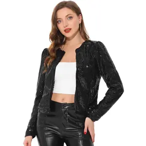 Allegra K Women's Long Sleeve Sparkly Sequin Crop Open Front Jackets Black Medium