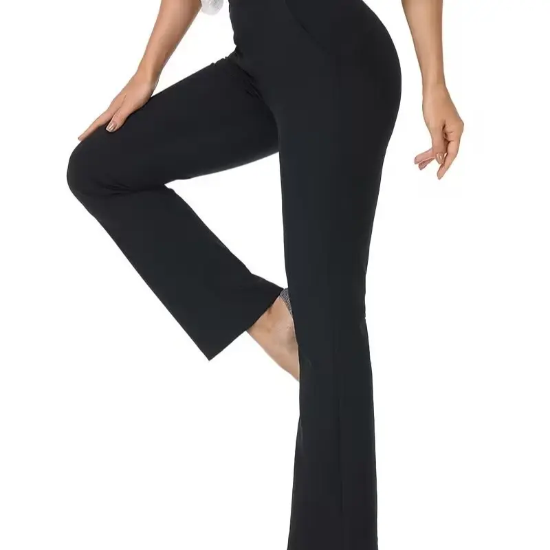 Women's High Waist Flare Fitness Leggings - Tummy Control, Butt-Lifting Polyester Pants with Pockets, Athleisure Bottoms for Gym, Yoga-to-Casual Wear, Women's Clothing, Sports Bottoms