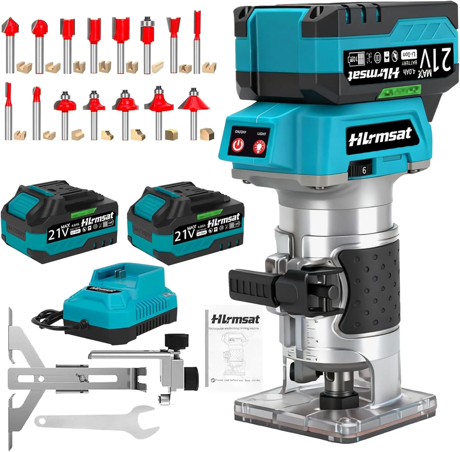 21V DC Power Brushless Motor Cordless Palm Wood Router with 2*4.0Ah Batteries, 6-Speed Adjustment, 15-Piece Router Bits Set for Edge Profiling, Grooving Woodworking Projects