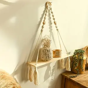 Bohemian Macrame Hanging Shelves, Handmade Wooden Floating Rope Shelving, Tassel Decorative Storage Solution for Home & Office
