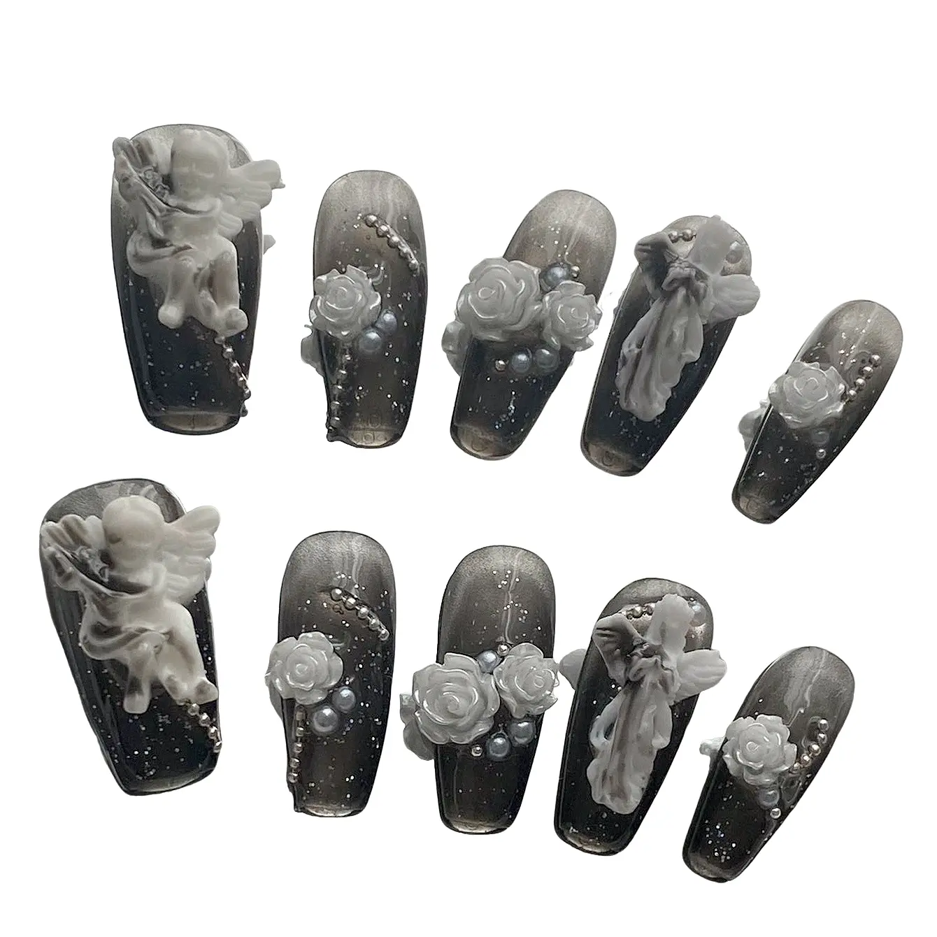 10 Piece Long Coffin Nails, Dark Angel Design, flower design nails, Decorative Nails, Removable Reusable Nail Art Products, Handmade Fake Nails for Girls and Ladies