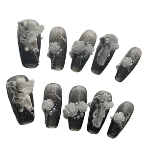 10 Piece Long Coffin Nails, Dark Angel Design, flower design nails, Removable Reusable Nail Art Products, Handmade Fake Nails for Girls and Ladies