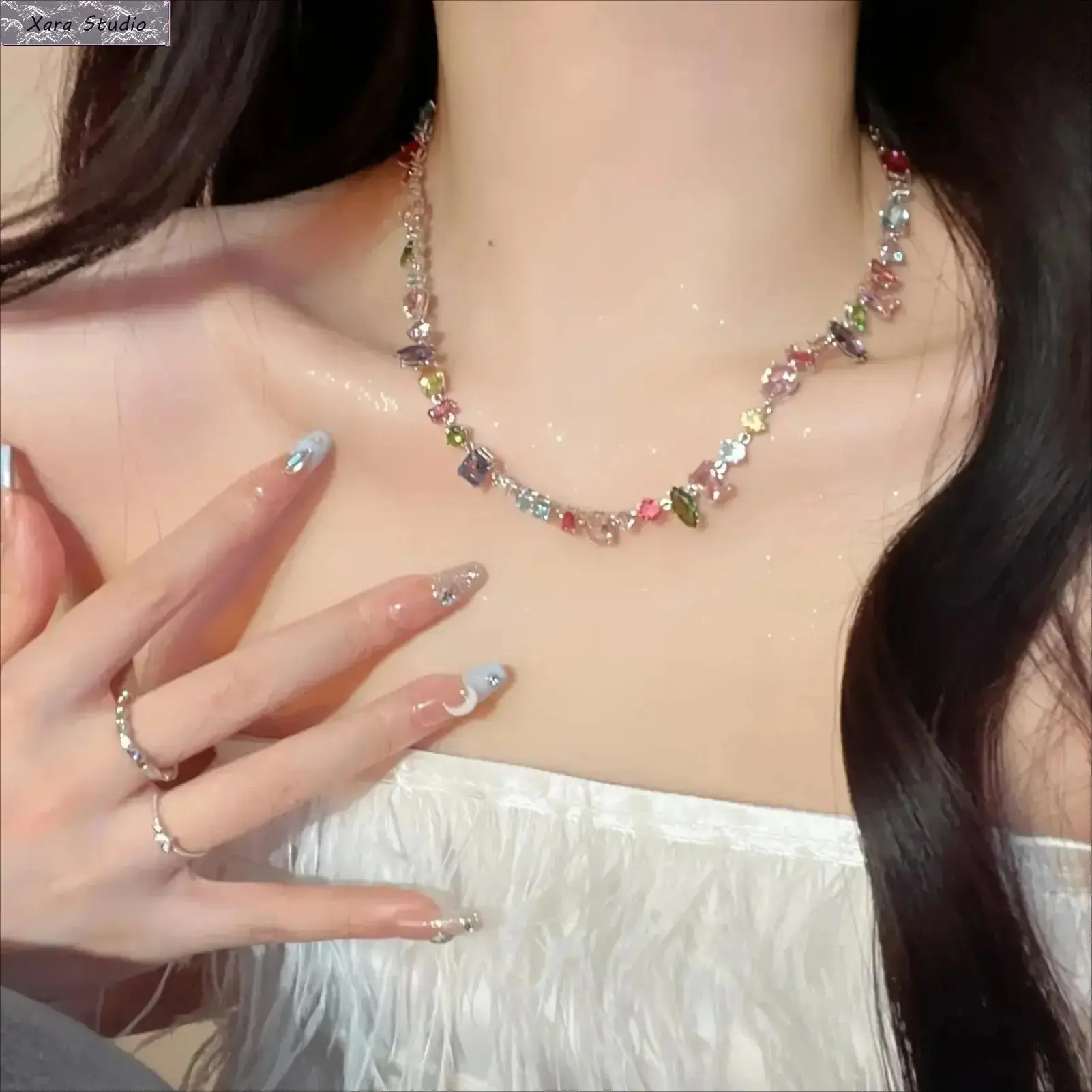 Y2K Rainbow CZ Necklace for Women, Bling Cubic Zirconia Choker Chain, Colorful Crystal Statement Jewelry, Aesthetic Baddie Festival Necklace, Everyday Wear Birthday Gift