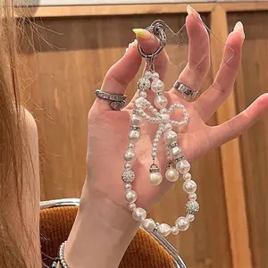 New Diamond-studded Pearl Bow Mobile Phone Chain Keychain Pendant Bag Anti-fall Chain Handmade Beaded Mobile Phone Pendant