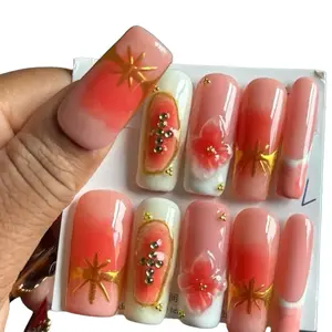 1.2 inches Square Acrylic Press-On Nails with Small Medium & Large Varieties Featuring Floral & Star Design for Stylish Manicure
