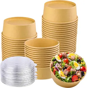 50 Pack 25 Oz Kraft Paper Bowls with Lid, Paper Salad Bowls, Disposable Food Container, to Go Food Container for Party, Salad, Soup, Ice Cream Huaiid