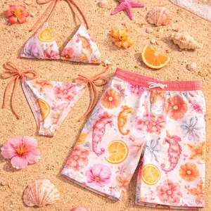 Tropical Ocean Couple Swimwear Set – Matching Bikini & Men’s Beach Shorts, Seahorse Shell Summer Vacation Beachwear Outfit Style