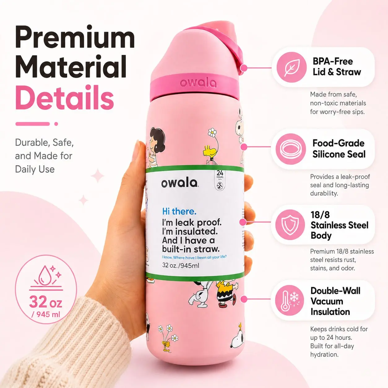 '"Owala FreeSip 32oz Insulated Water Bottle, Leakproof Stainless Steel Cup with Built-In Straw, Cute Daily Hydration Bottle "'