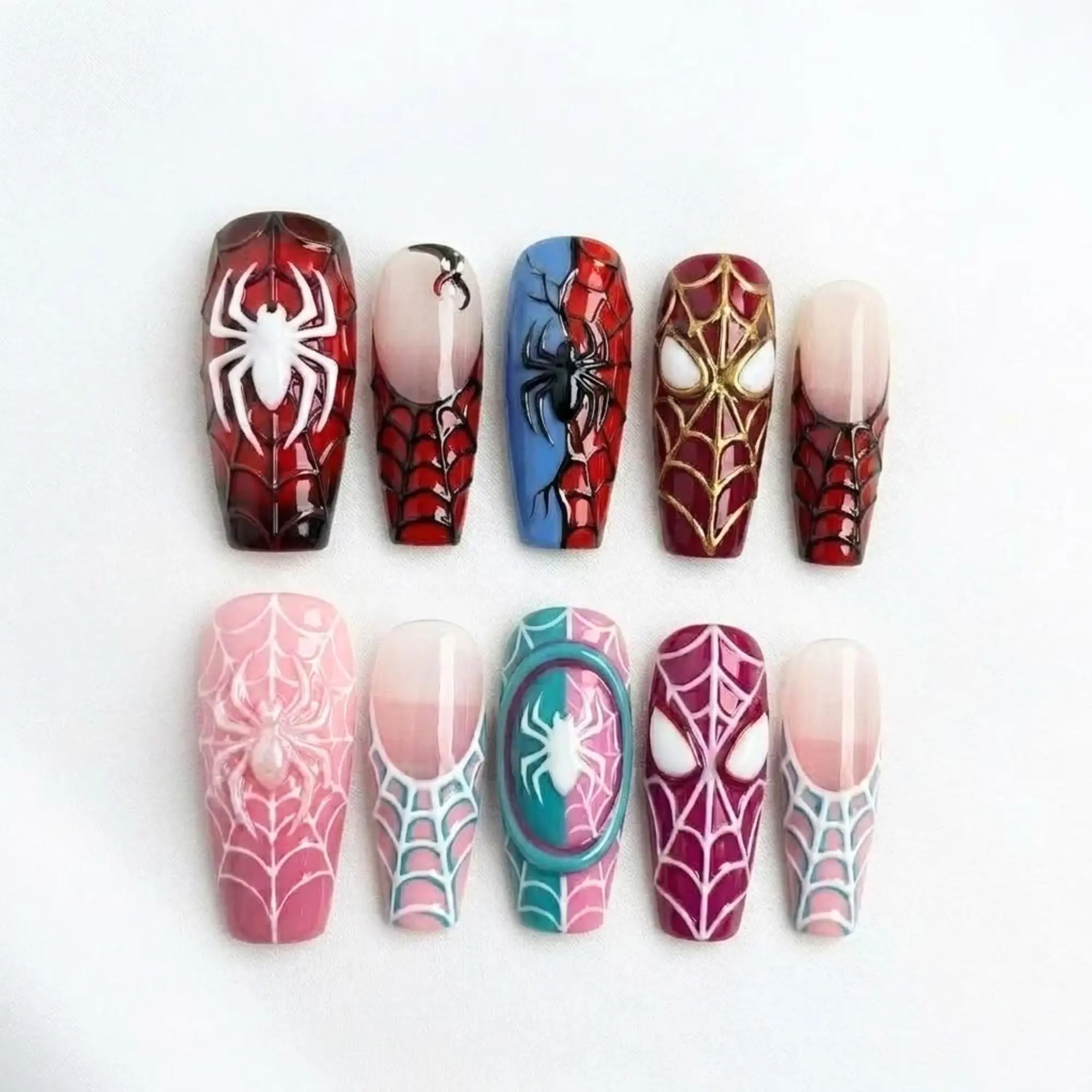 Handmade Red & Blue Web Press On Nails | Comic Web Coffin Fake Nails | Gothic Spider Gel Nails | Reusable False Nails