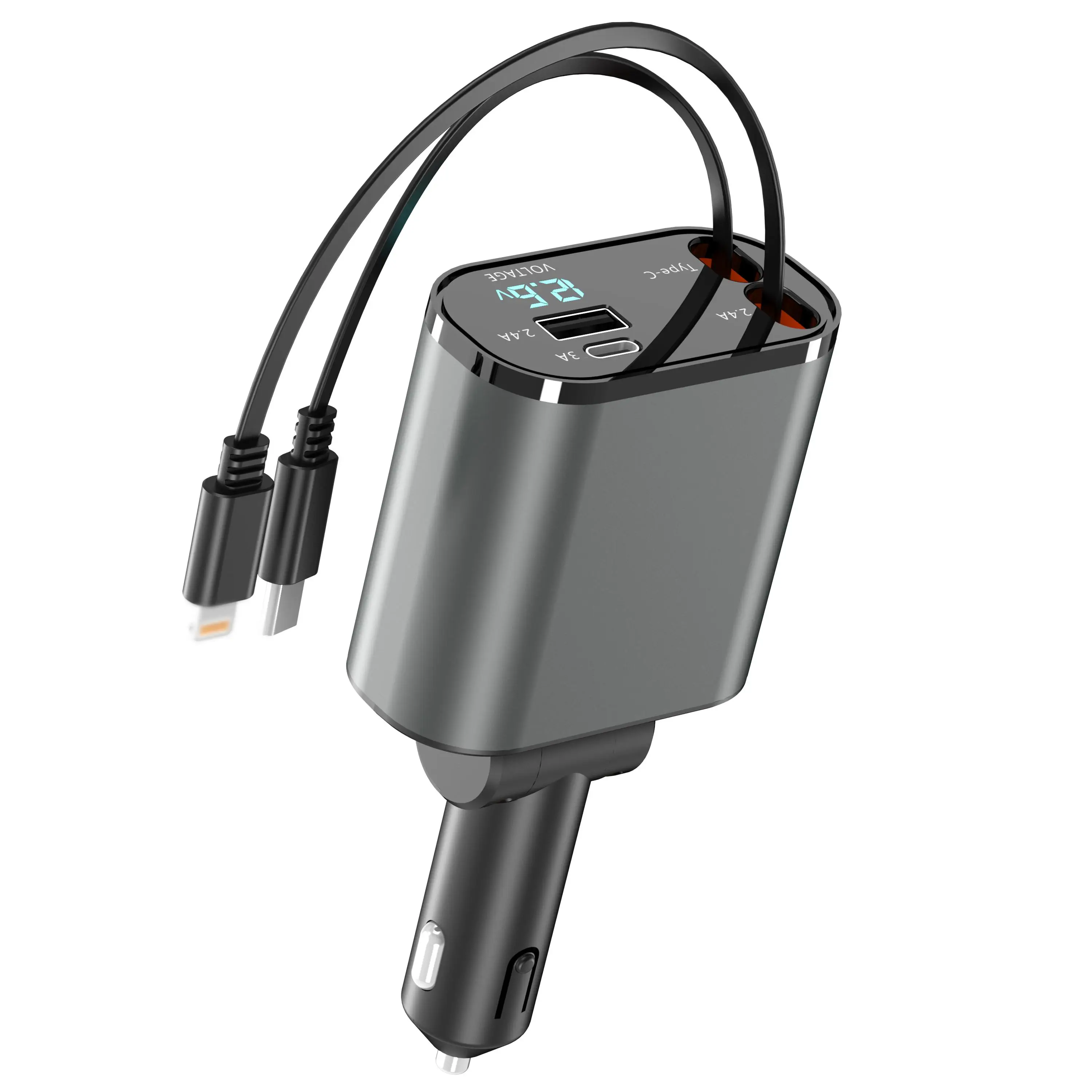 4-in-1 Retractable Car Charger, 60W USB-C Fast Car Phone Charger with Auto-Retractable Cables & Dual Ports, for iPhone, Galaxy S Series, iPad, AirPods