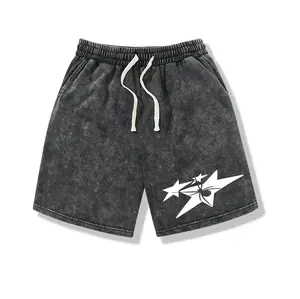 Men’s summer athletic shorts with star print, washed distressed cotton fabric; casual loose fit with a drawstring waist and pockets; retro street style from the 2000s. Suitable for running, golf, fishing, basketball, camping, gym, swimming, and beach.