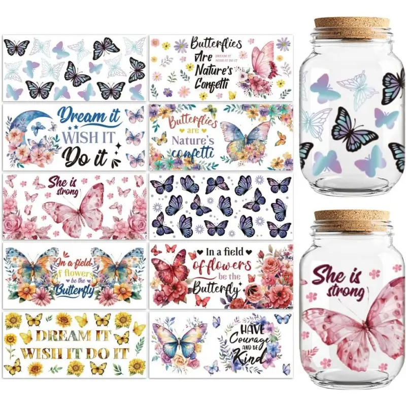 UV DTF Cup Wraps Transfer Stickers Butterflies Pattern, 10 Sheets Waterproof Custom Vinyl Transfer Sticker 16oz Coffee Glass Cup Tumbler Bottle Mug Decals for Men Women