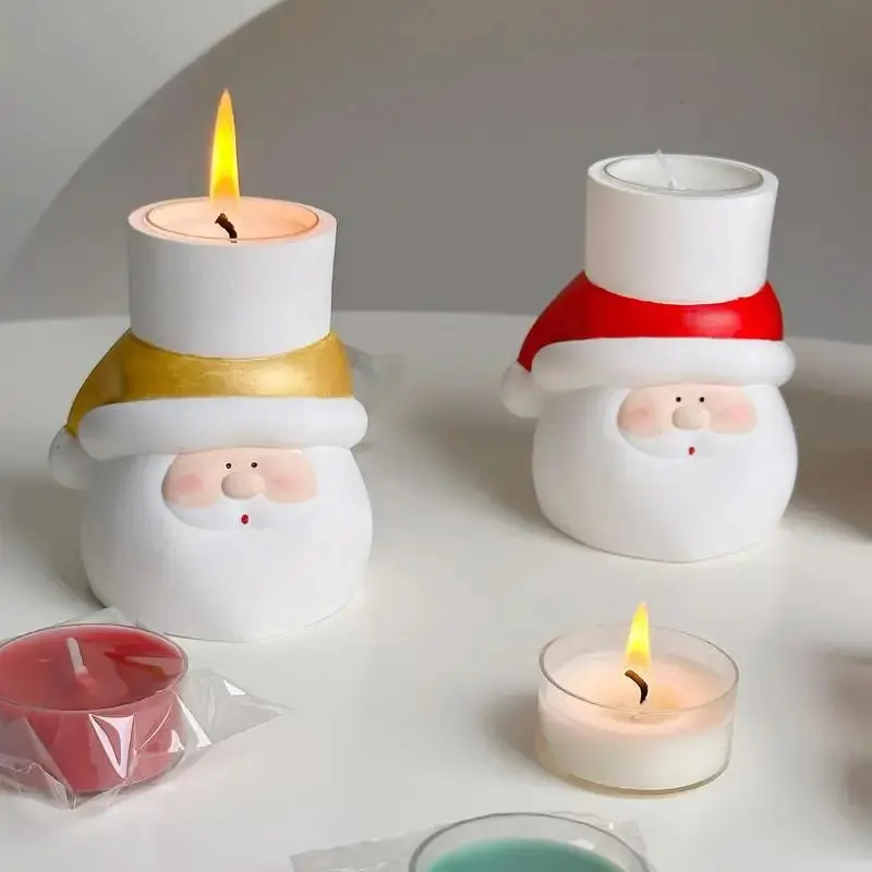 Golden Santa Shape Plaster Tealight Holder - 8.9x8x8cm Red Decorative Candle Holder with 4 Tealight Candles, Home Supplies for Christmas Table Ornaments
