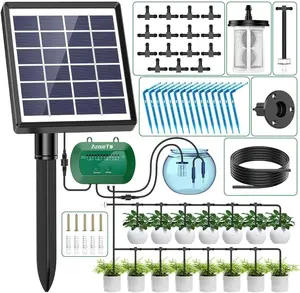Solar Drip Irrigation System, Automatic Watering Kit with Split Design & Anti-Siphon Valve, 12 Modes Garden Irrigation System with 49ft Hose for 15 Potted Plants, Patio, Balcony & Greenhouse