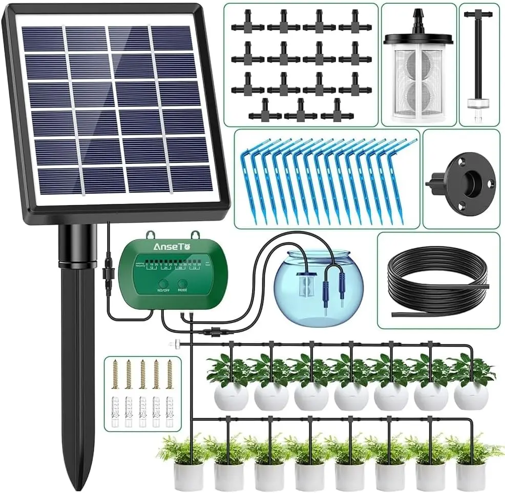 Solar-Powered Drip Irrigation System – 12-Mode Automatic Watering Kit with Anti-Siphon Valve & 49ft Hose for Balcony, Patio & Greenhouse