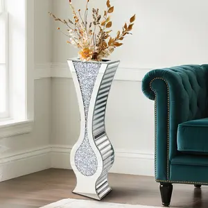 Decorative Crushed Diamond Mirror Floor Vase 27” Tall, Crystal Faux Flower Vase