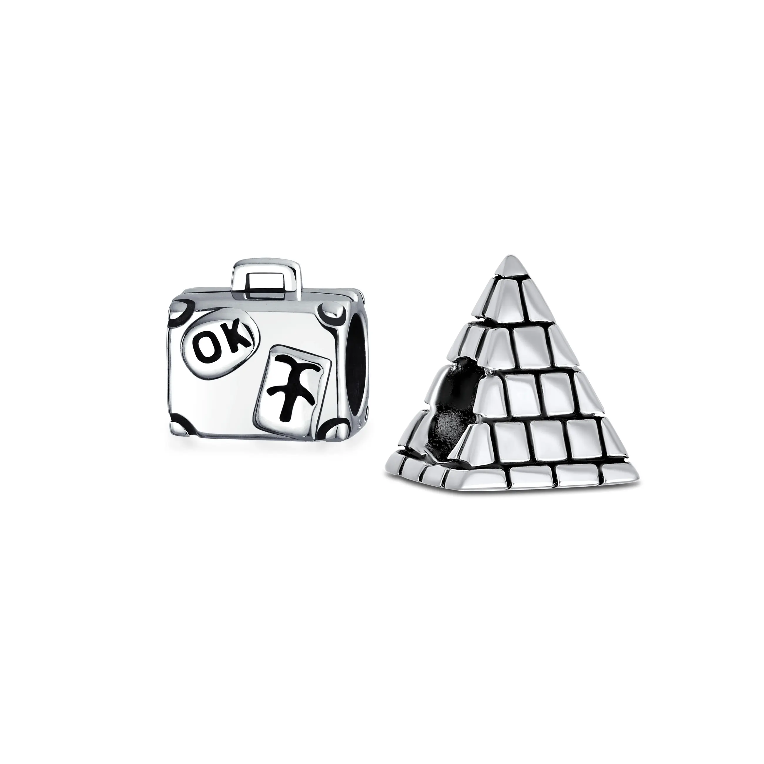 .925 Sterling Silver Travel Suitcase Luggage & Landmark Egyptian Pyramid Charm Bead (Set)
