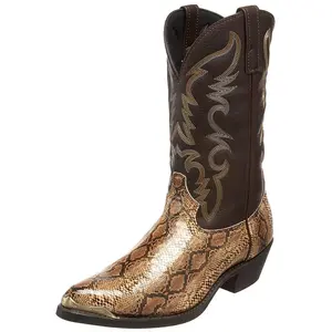 2025 New Men's Western Cowboy Boots with Wooden Heels High-Top Large-Size Knight Boots Sizes 38-48 Lightweight Couple's Boots with Faux Snake-Pattern Upper and Metallic Stylish Decorations