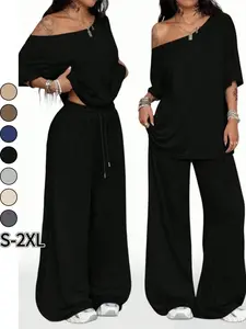 Relaxed Off-Shoulder 2 Piece Set, Oversized Top and Wide Leg Elastic Drawstring Pants for Daily, Everyday, Streetwear, Comfortable Loungewear