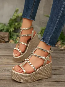 Women's Gold Studded Wedge Sandals, Summer Y2K Style Platform Elevated Roman Shoes, Ankle Strap Buckle Chunky Heels