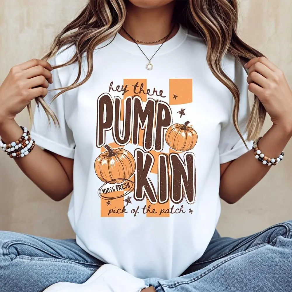 Hey There Pumpkin 100 Percent Fresh Pick Of The Patch Print T-Shirt, Autumn Fall Harvest Season Graphic Tee, Casual Halloween Party Wear