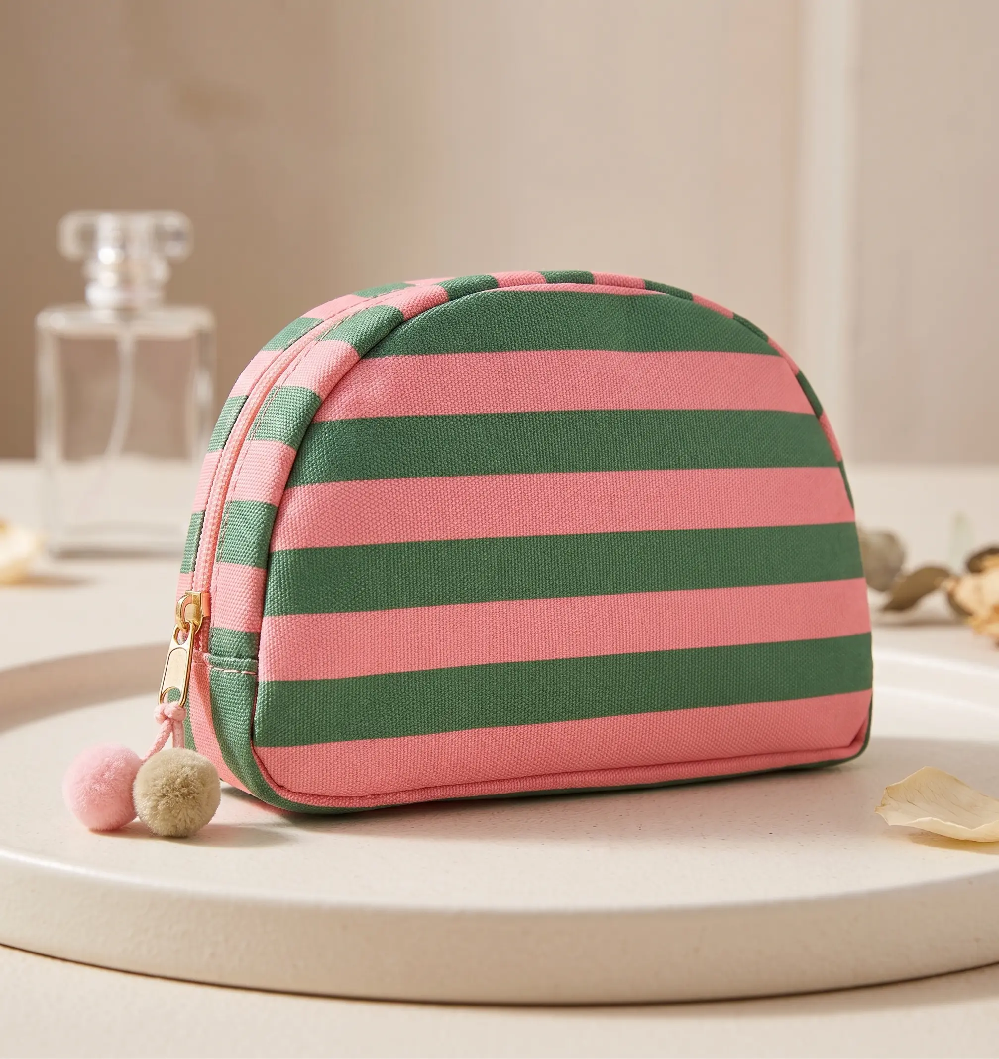 Women's Preppy-Casual Pink and Green Striped Half Moon Cosmetic Bag, Cute Pom Pom Zipper Pull, Portable Travel Toiletry Organizer, Daily Purse Accessory Skincare Storage Case tiktokshopbacktoschool, Makeup Bags