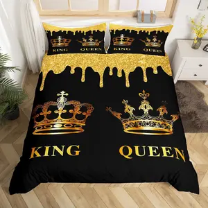 Feelyou King Size Gold Crown Decorative Microfiber Duvet Cover - Mr & Mrs Couple Themed Zippered Bed Set, Machine Washable, Bedroom Bedding Set (No Comforter Included), Bed Sets