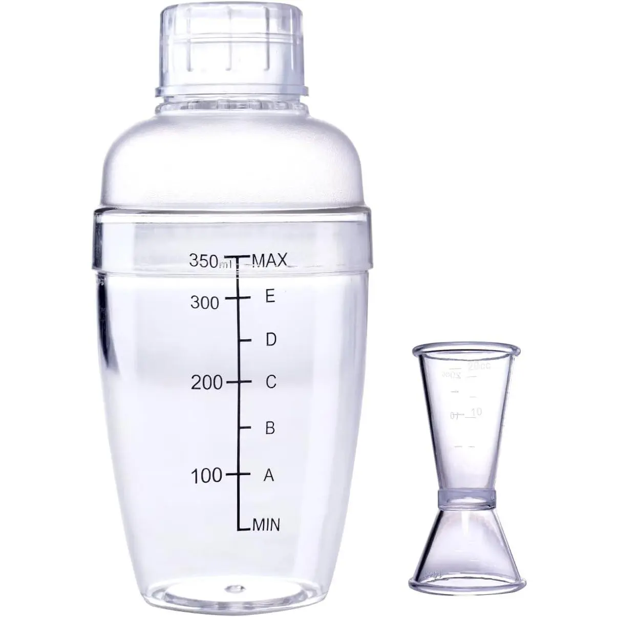 350ML Transparent Plastic Bar Cocktail Shaker Set with Measuring Jigger, Hand Drink Mixer, Scaled Boba Tea & Protein Cup, Home Bar Accessories