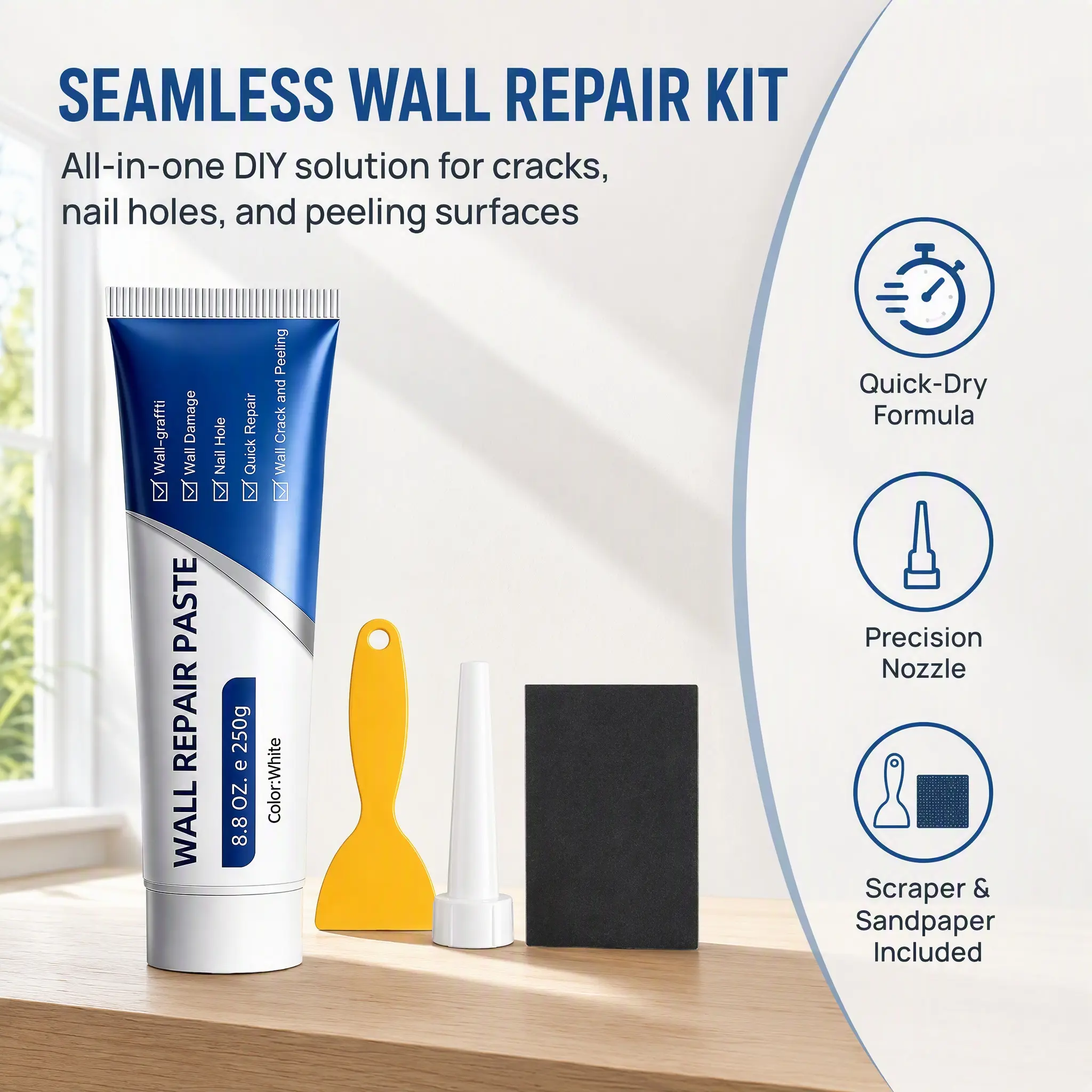 Wall Repair Paste, 1/2/3-Pack White Wall Spackle for Nail Holes, Cracks & Wall Damage, Quick DIY Repair Kit with Scrapers, Sandpaper & Nozzles, 8.8 oz each