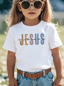 Girls' Jesus Way T-Shirt, Faith Slogan Colorblock Print, Graphic Tees, Comfortable Kids Tee, Trendy Healing Style, Soft Fabric, Casual Clothing, Graphic Printed Tees