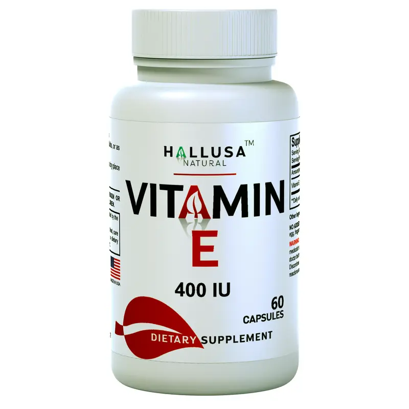 HALLUSA NATURAL Vegan Safe Edible Vitamin E 400 IU Beauty Supplement, 1 Bottle (60 Capsules) for Adults - Non-GMO, Sugar-Free, Gluten-Free, Lab-Tested Healthcare - Heart Boost, Supports Heart, Skin, Hair, Immunity