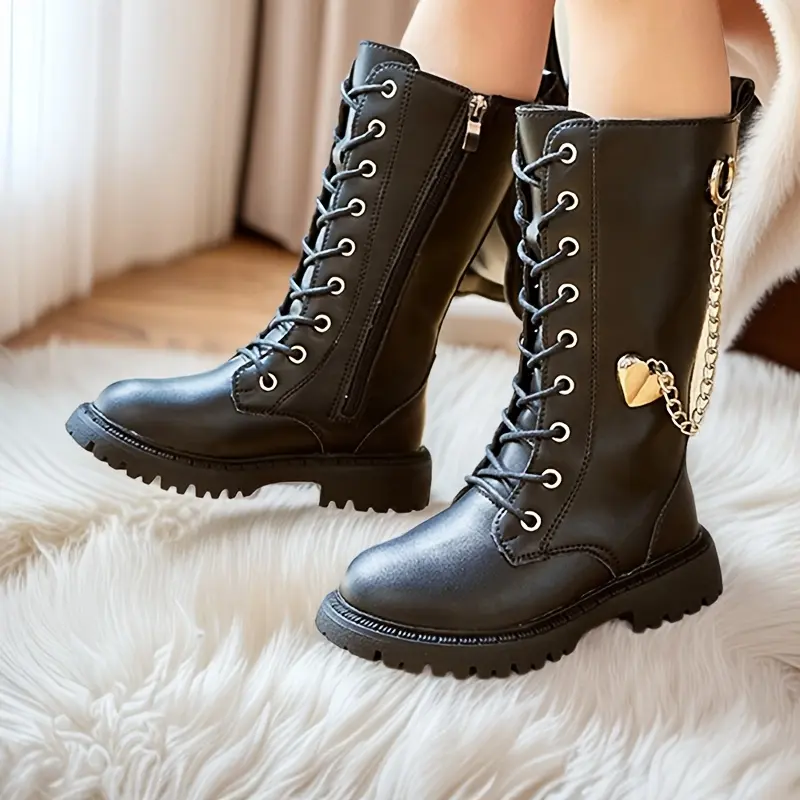 Girls' Fashion British Style High Boots - PU Leather Upper, Diamond Pattern, Side Zipper, Chain Decoration, Black, Rubber Sole - Suitable for Autumn/Winter Princess Look