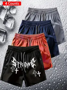 4-Pack Gothic Shorts, Dark Trendy, Unique Style, Strong Gothic Font Cross Print, Quick-Dry Breathable Fabric, Unisex, All Seasons