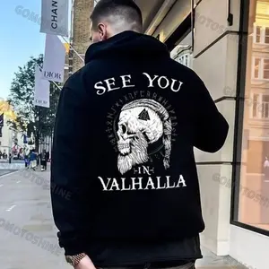 SEE YOU VALHALLA Skull Print Men's Fitted Hoodie Short Sleeve Crew Neck Casual Rock Style Summer Medium Length Menswear Tops