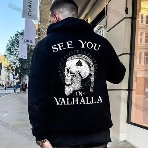 SEE YOU VALHALLA Skull Print Men's Fitted Hoodie Short Sleeve Crew Neck Casual Rock Style Summer Medium Length Menswear Tops