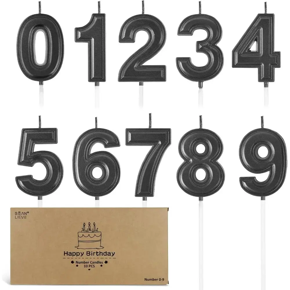 Luxury Wax Number Candle Set - 10 Pcs (Digits 0-9) Black Numeric Cake Decorations for Birthday, Anniversary, Wedding - Home & Festive Party Supplies