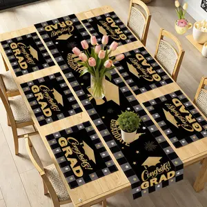 Graduation Season Black Golden Theme Placemats And Table Runner - Plaid, Graduation Cap And Star Design, Linen Material, Perfect for Decorating Dining Tables And Kitchen Tables During Graduation Season Holiday Celebrations