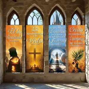4 Pcs Religious Banners, Polyester Material Christian resurrection banner set with biblical verse prints for Easter church venue decoration home prayer room wall art decor