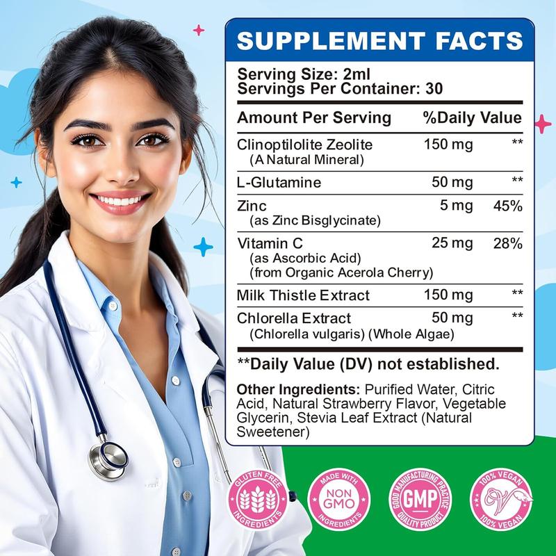 Zeolite Detox for Kids Zeolite Liquid Drops with L-Glutamine, Vitamin C, Zinc, Milk Thistle and Chlorella Extract for Detox & Cleanse, Immune, Energy, Cellular Health, Strawberry Flavor 2 Fl Oz