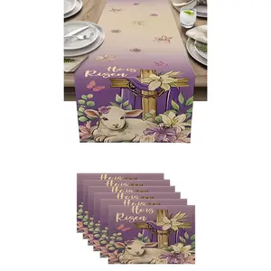 7pcs,Easter Resurrection Christian Table Runner Set, Religious Cross Lamb Lily Kitchen Decor, Indoor Outdoor Home Party Supplies