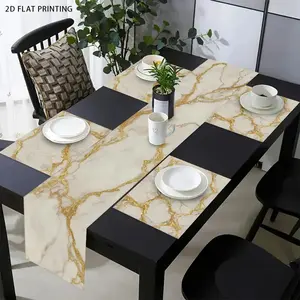 2D flat printing, set of 1 piece/4 pieces/6 pieces/5 pieces/7 pieces, gold marble textured holiday table flag and matching placemat, suitable for kitchen, dining table and dinner decoration, family gatherings, indoor and outdoor, and daily use