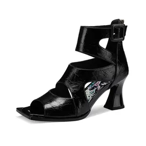 TDD Women's Chunky Gladiator Sandals - Strappy Platform, 3-Inch Block Heel, Plain Sparkly Buckle Wedge Pumps, Peep-Toe Summer Footwear, Dressy Formal Comfortable Black Women's Shoes 112
