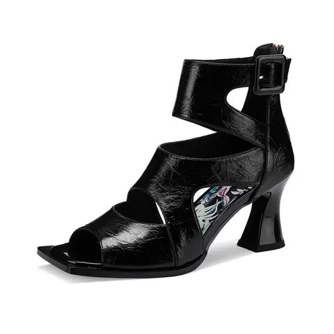 TDD Women's Elegant Chunky Gladiator Platform Sandals - 3 In Block Heels, Strappy Ankle Backstrap, Plain Sparkly Buckle, Peep-Toe, Dressy Formal Slip Resistant Black Summer Shoes, Rubber & PU Footwear 112