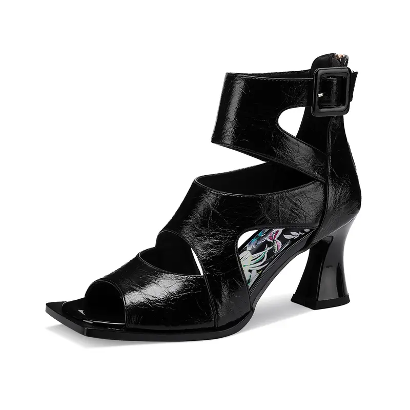 TDD Women's Elegant Chunky Gladiator Platform Sandals - 3 In Block Heels, Strappy Ankle Backstrap, Plain Sparkly Buckle, Peep-Toe, Dressy Formal Slip Resistant Black Summer Shoes, Rubber & PU Footwear 112